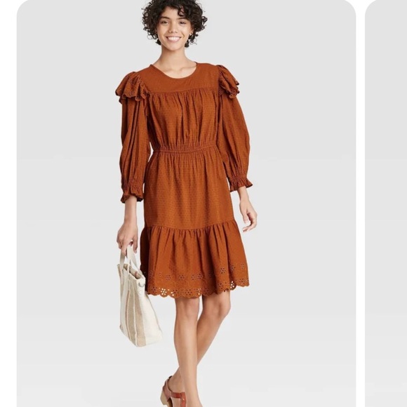 Universal Thread Ruffle Eyelet Long Sleeve Dress VGUC Size M - Picture 2 of 8